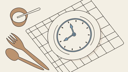 Clock on Plate Meal Time Table Setting Flatlay Illustration.