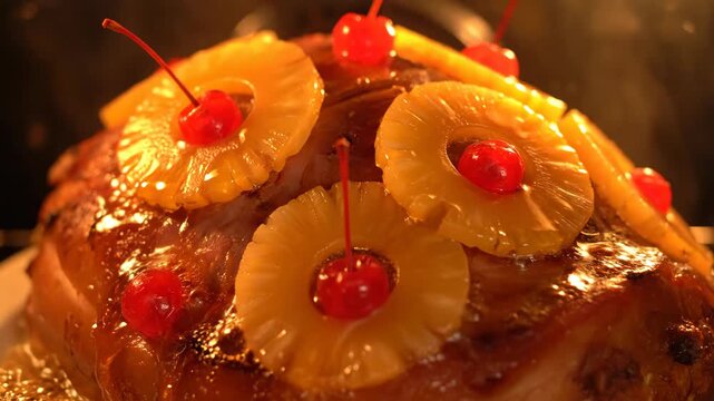 Glazed Holiday Ham Garnished With Pineapple Slices and Maraschino Cherries, Perfect for Your Easter or Christmas Feast