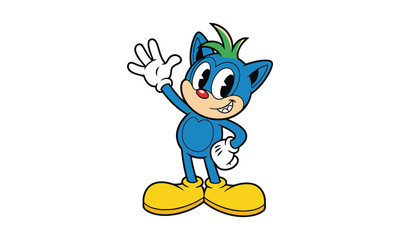 Cartoon blue cat character waving hand friendly greeting animation white background