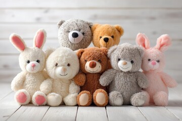 Fototapeta premium Collection of Plush Animal Dolls on a White Wooden Surface, Celebrating Friendship and Togetherness in a Family Environment