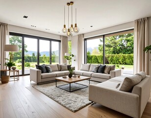 Modern living room with large windows overlooking a garden