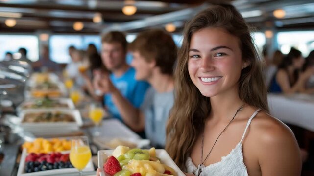 Enjoy a delightful brunch buffet with friends, featuring a vibrant fruit plate and mimosa in a bright, inviting dining setting.