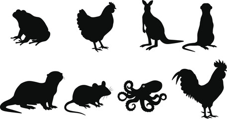 Animal silhouette vector set, kangaroo, chicken, frog, meerkat, otter, octopus, rooster, wildlife icon collection, farm and marine animals