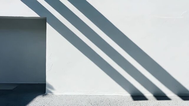 A minimalist doorway creates a striking visual with long shadows cast on a bright white wall. The contrast enhances the serene atmosphere of the scene.