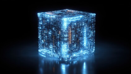 Glowing, translucent cube, intricate network