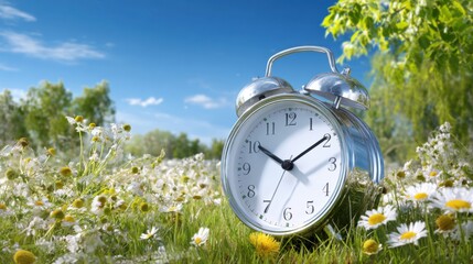 An alarm clock stands in a vibrant meadow filled with wildflowers under a clear blue sky on a sunny spring morning. The scene captures the essence of time and nature together.