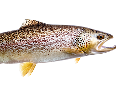 Close up of a brown trout fish open mouth detailed skin and fin texture on transparent background
