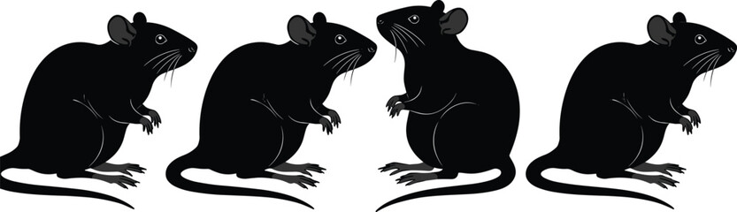 Four rat silhouette vector set, black rodent icons, mice side view illustration, pest animal design, wildlife clipart collection