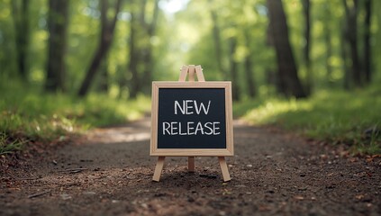 New release announcement in a peaceful forest setting inspiring innovation and creativity