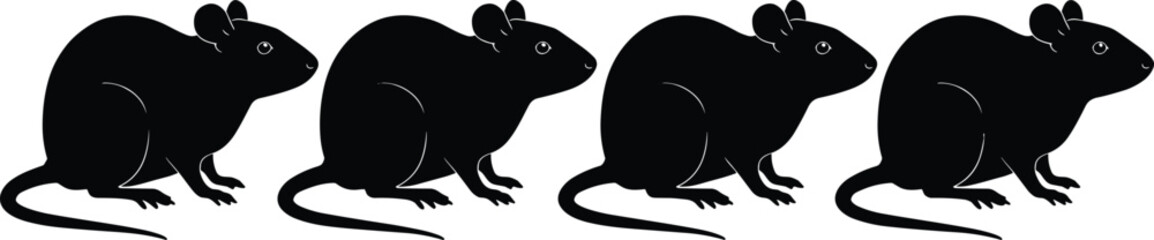 Four rat silhouette vector set, black rodent icons, mice side view illustration, pest animal design, wildlife clipart collection