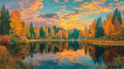 Fototapeta premium A stunning sunset paints the sky with orange and pink hues as the calm lake reflects vibrant autumn colors. Trees in shades of yellow and orange line the shore, enhancing the tranquility.