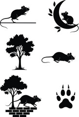 Silhouette rats collection, mouse with moon, leaves, tree, paw print, rodent vector icons for wildlife, nature, night scenes