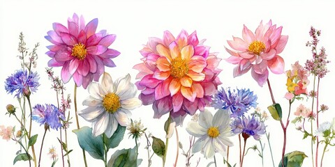 Obraz premium Floral Illustration of Dahlia in Watercolor Style Against a Soft Meadow Background