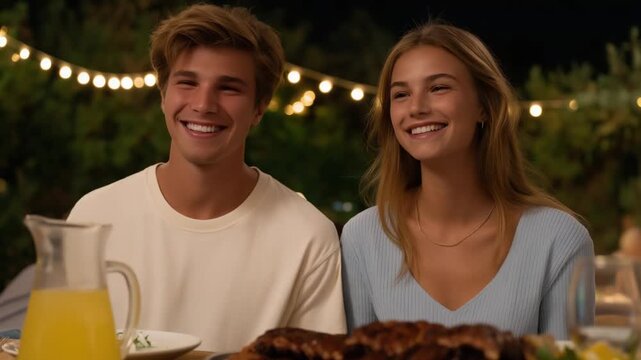 Capture the joy of a family barbecue feast with grilled ribs, lemonade, and string lights at dusk in this ultra-high-quality photo.