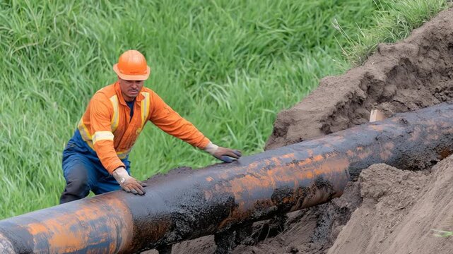 High-quality 8K photo of an oil pipeline leak with a hazmat-suited worker, warning sign, and contaminated soil.