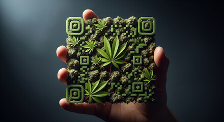A hand holds a qr code made of cannabis buds and leaves, symbolizing the integration of technology and the cannabis industry