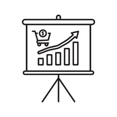 Sales growth chart line icon. Presentation board with increasing e-commerce statistics, a shopping cart, and an upward arrow. Business analytics and retail success vector concept.
