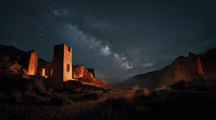 Starry desert night with ancient ruins glowing under moonlight.
