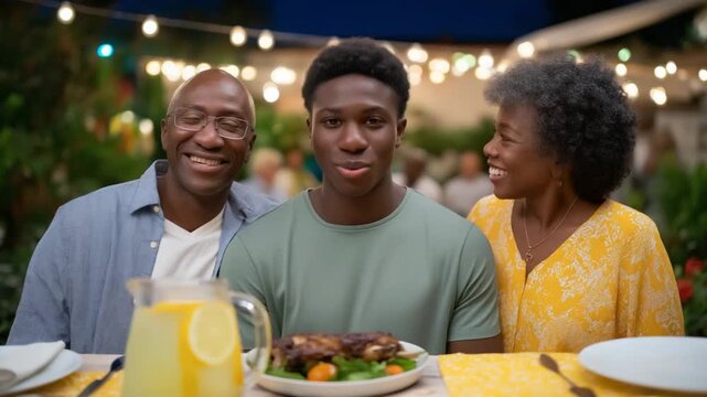 Capture the joy of a family barbecue feast with grilled ribs, lemonade, and string lights in a high-quality, ultra-high-resolution photo.