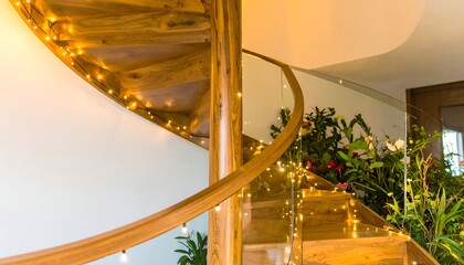 Fototapeta premium Spiral wooden staircase with glass railing and festive lights