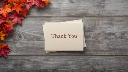 Autumn thank you cards on rustic wood surface with vibrant fall foliage decoration
