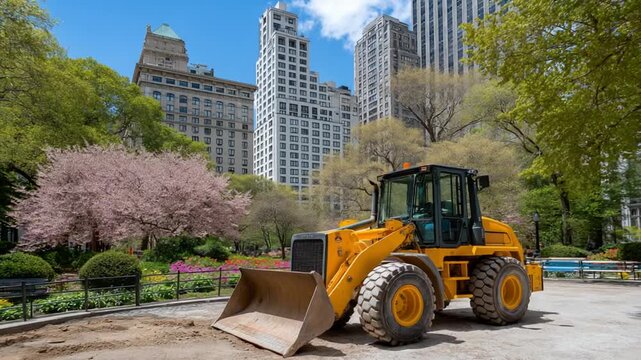 High-quality 8K photo depicting urban green space loss as a park is replaced by construction, featuring a bulldozer, hard hat, and encroaching city buildings.