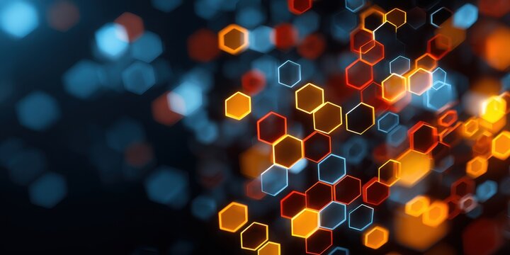 Abstract hexagons in vibrant colors, illuminated on a dark background