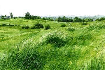 Obraz premium Lush Grassland Illustration: A Scenic Watercolor Depiction of Rolling Fields and Meandering Meadows