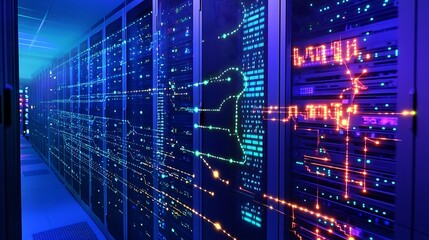 Obraz premium Glow and motion of digital patterns in a dark city network