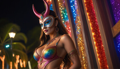 Very attractive woman dressed in vibrant Carnival costume posing in Fantasy Fest