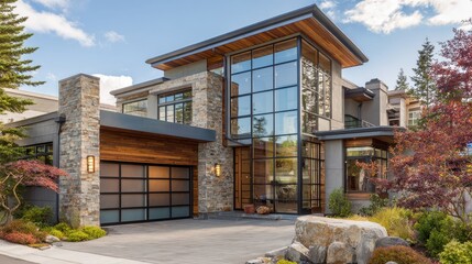 Stylish Garage Entry with Windows in a Contemporary American Home Surrounded by Lush Landscaping and Modern Architecture