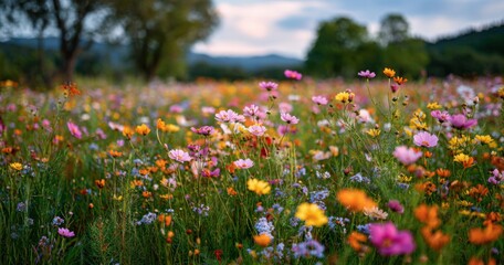 A vibrant field of wildflowers in full bloom, with soft focus on the flowers in the foreground and a background of trees and hills