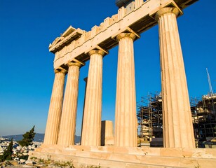 Ancient Greek columns under blue sky