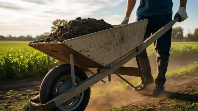 A person pushing a wheelbarrow filled with soil across a sunlit field, with lush greenery in the background