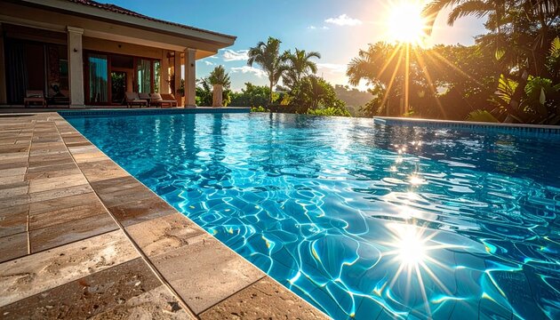 Luxury water pool view with ceramic floor on the ground floor with sunset view