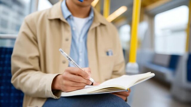High-quality photo of an artist sketching in a notebook on a bustling metro, capturing the essence of urban creativity.