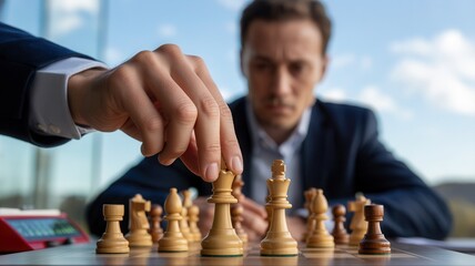 Strategic businessman makes decisive move in intense chess match, symbolizing business strategy and competition