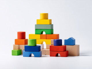 Obraz premium Wooden educational building blocks in colorful shapes on white background