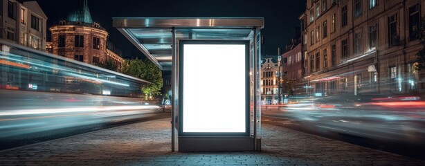 The Billboard in a Nighttime Urban Bus Shelter Framed by Motion Blur