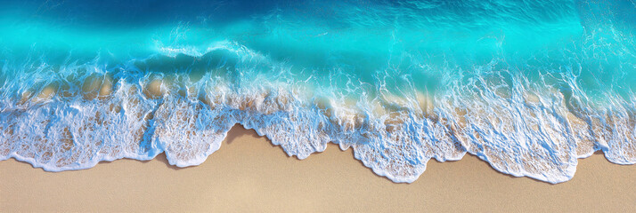 Aerial view from a drone of sandy beach with sand and blue sea water in tropics in summer. Panoramic background with a panorama view of sea coast