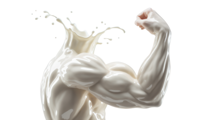 Powerful bicep flex rendered in creamy milk splash, symbolizing strength and healthy nutrition with dynamic liquid motion and energetic splatter