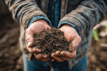 Farmer's Hand Assessing Compost Soil Quality for Organic Farming in Lush Garden Setting