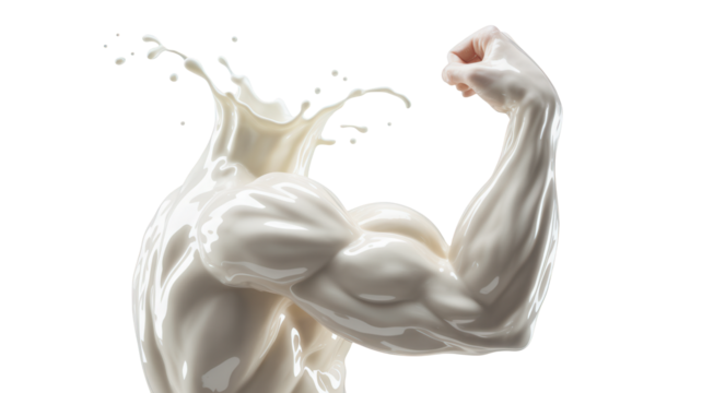 Powerful bicep flex rendered in creamy milk splash, symbolizing strength and healthy nutrition with dynamic liquid motion and energetic splatter