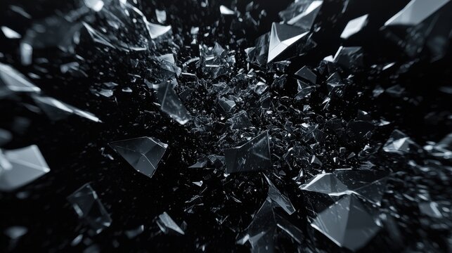 Glass shards burst outward, creating a dynamic display of fragmented pieces that glimmer in the light, set against a deep black backdrop, capturing a moment of chaos.