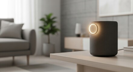 Intelligent voice-controlled smart speaker with a glowing light on a wooden table in a contemporary living room interior
