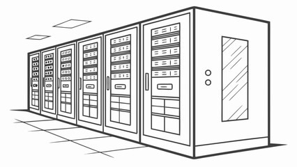 Clean line art illustration of a row of server racks in a data center with a tiled floor and ceiling panels © md solaimas