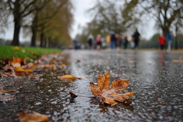 Wet autumn leaves on a park path, blurred people in the distance
