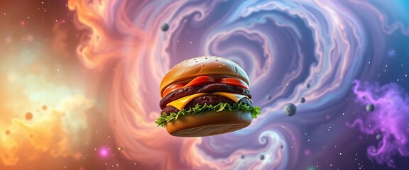 Juicy cosmic burger floats amidst swirling nebula, vibrant colors ,  interstellar,  creative