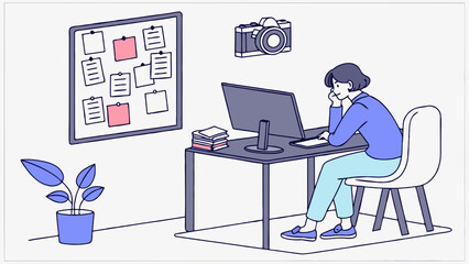 Person working at desk with computer camera and sticky notes.