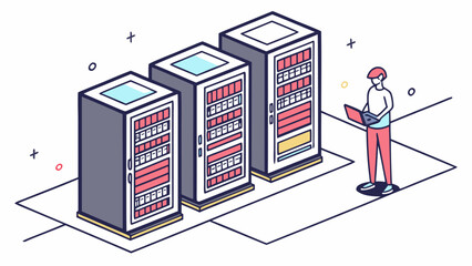 It professional with laptop managing servers in a data center with isometric illustration style